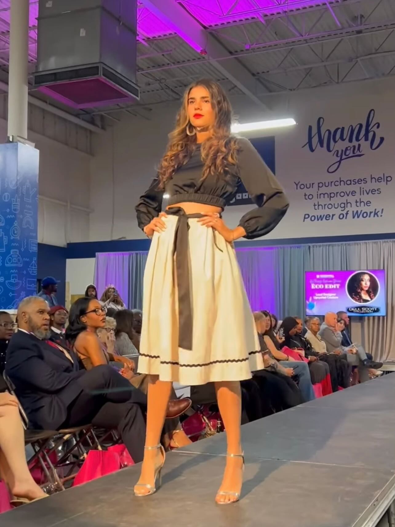 Runway — commanding editorial pose, eco-edit show