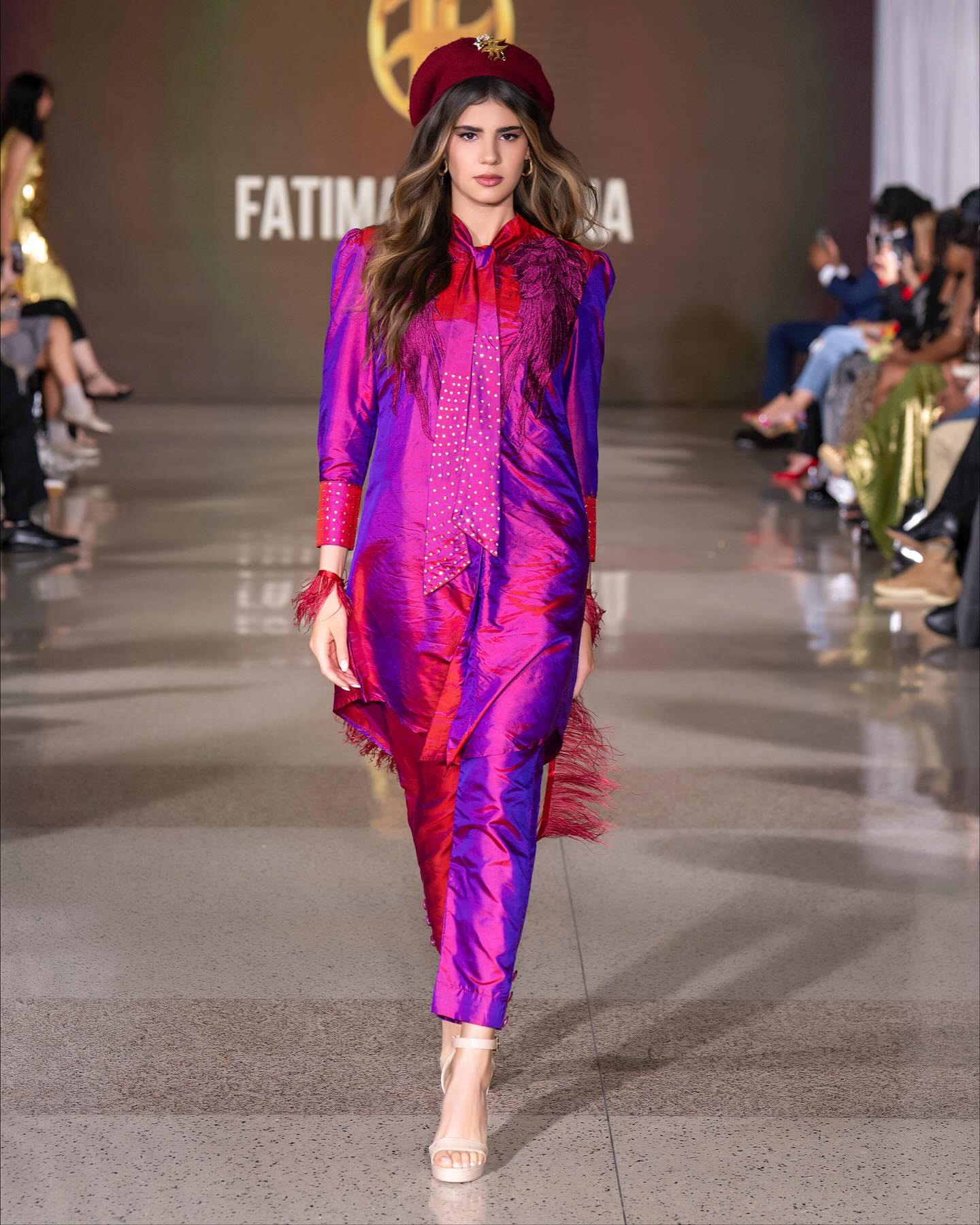 Runway — vibrant silk ensemble, full-length walk